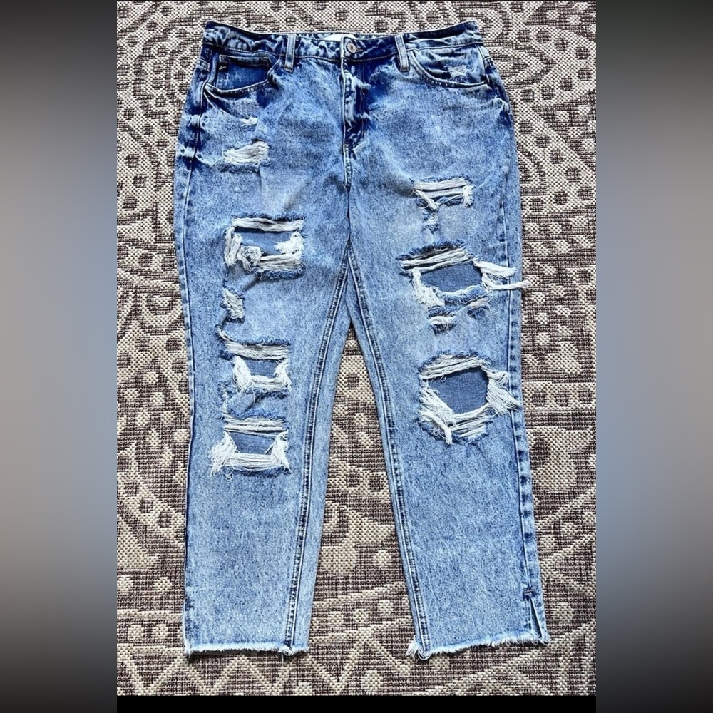 Kancan Jeans Women's 13/30 High Rise Distressed Light Wash Open Raw Hem Crop EUC